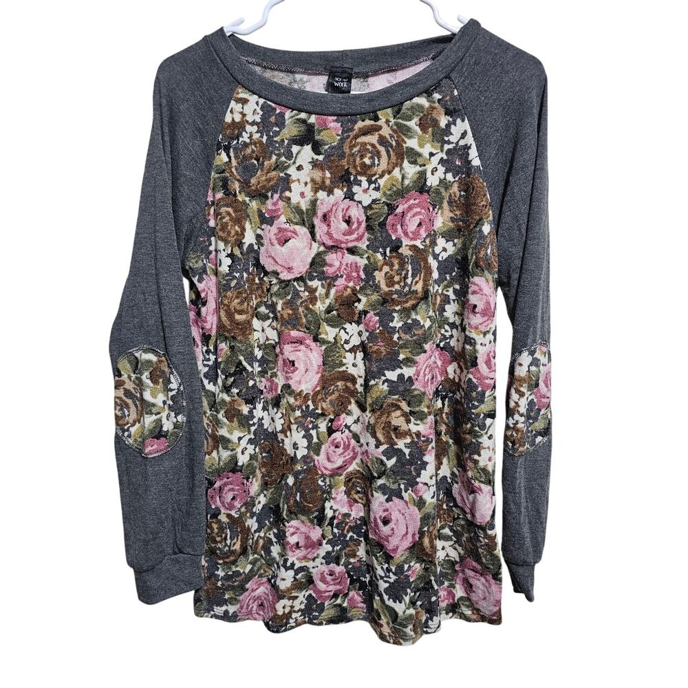 Scrap Work BoutiqueTop Womens Floral Shirt w Elbow Patches Size Large (915)